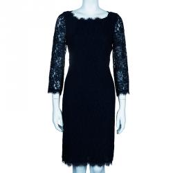 Pre Owned Diane Von Furstenberg Navy Blue Lace Back Zipper Dress M