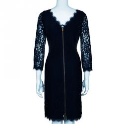 Pre Owned Diane Von Furstenberg Navy Blue Lace Back Zipper Dress M