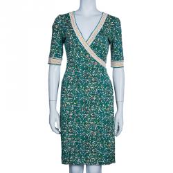 Pre Owned Diane von Furstenberg Turquoise Print Silk Wrap Dress S