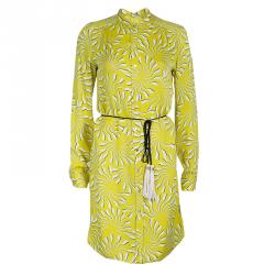 Pre Owned Diane von Furstenberg Yellow Print Tassel Tie-up Tunic Dress M