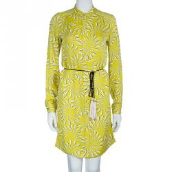 Pre Owned Diane von Furstenberg Yellow Print Tassel Tie-up Tunic Dress M