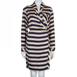 Pre Owned Diane Von Furstenberg Striped Silk Wraparound Helena Shirt Dress L