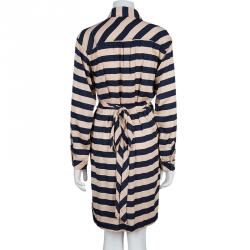 Pre Owned Diane Von Furstenberg Striped Silk Wraparound Helena Shirt Dress L
