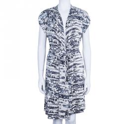 Pre Owned Diane Von Furstenberg Mindy Monochrome Marble Wrap Dress L