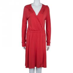 Pre Owned Diane Von Furstenberg Red Faux Wrap Jersey Long Sleeve Deianira Tassel Dress L