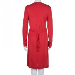Pre Owned Diane Von Furstenberg Red Faux Wrap Jersey Long Sleeve Deianira Tassel Dress L