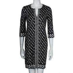 Pre Owned Diane Von Furstenberg Black and White Knit Rose Long Dress XS