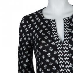 Pre Owned Diane Von Furstenberg Black and White Knit Rose Long Dress XS