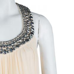 Pre Owned Diane Von Furstenberg Beige Silk Willemma Crystal Embellished Halter Gown M