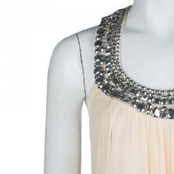 Pre Owned Diane Von Furstenberg Beige Silk Willemma Crystal Embellished Halter Gown M