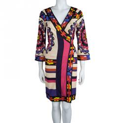 Pre Owned Diane Von Furstenberg MultiColor Printed Silk Jersey Gaucho Wrap Dress M