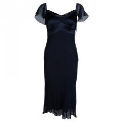 Pre Owned Diane Von Furstenberg Navy Blue Crinkled Silk Chiffon Pintuck Detail Mia Dress M