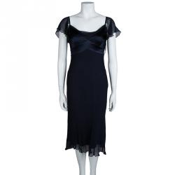 Pre Owned Diane Von Furstenberg Navy Blue Crinkled Silk Chiffon Pintuck Detail Mia Dress M
