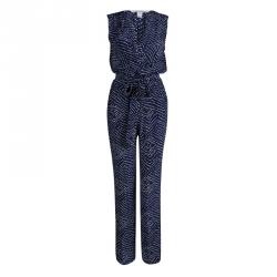 Diane von Furstenberg Navy Blue Printed Silk Sleeveless Jumpsuit M