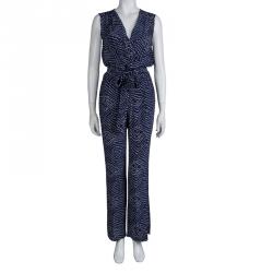 Diane von Furstenberg Navy Blue Printed Silk Sleeveless Jumpsuit M