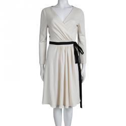 Pre Owned Diane von Furstenberg Monochrome Lace Detail Seduction Wrap Dress L