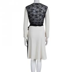 Pre Owned Diane von Furstenberg Monochrome Lace Detail Seduction Wrap Dress L