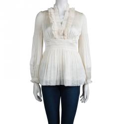 Pre Owned Diane von Furstenberg Cream Ruffle Detail Long Sleeve Matador Blouse M