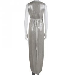 Pre Owned Diane Von Furstenberg Silver Sequin Embellished Sleeveless Yahzi Wrap Gown S