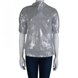 Pre Owned Diane Von Furstenberg Silver Sequin Embellished Short Sleeve Mako Top S