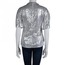 Pre Owned Diane Von Furstenberg Silver Sequin Embellished Short Sleeve Mako Top S
