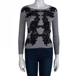 Pre Owned Diane Von Furstenberg Grey Floral Lace Applique Detail Shara Sweater XS