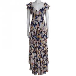 Pre Owned Diane Von Furstenberg  Abstract Print Smocking Detail Claudie Maxi Dress M