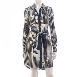 مملوكة مسبقًا Diane Von Furstenberg Navy Blue Striped Floral Print Shirt Dress S