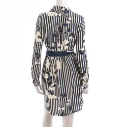 مملوكة مسبقًا Diane Von Furstenberg Navy Blue Striped Floral Print Shirt Dress S
