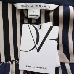 مملوكة مسبقًا Diane Von Furstenberg Navy Blue Striped Floral Print Shirt Dress S