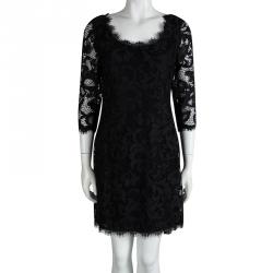 Pre Owned Diane Von Furstenberg Black Lace Zarita Scoop Dress L
