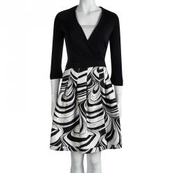 Pre Owned Diane Von Furstenberg Black Marble Wave Jewel Wrap Dress S
