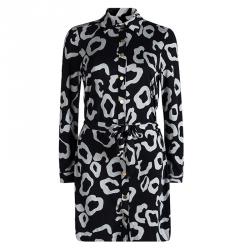Pre Owned Diane Von Furstenberg Black Printed Silk Wrap Makis Shirt Dress M