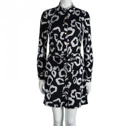 Pre Owned Diane Von Furstenberg Black Printed Silk Wrap Makis Shirt Dress M