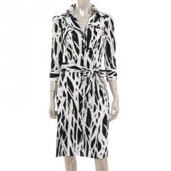 Pre Owned Diane von Furstenberg Monochrome Printed Wrap Dress S