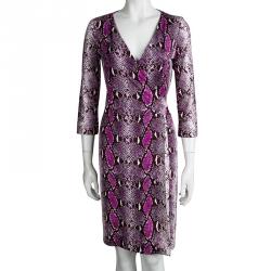 Pre Owned Diane Von Furstenberg Purple Snakeskin Print New Julian Two Wrap Dress M