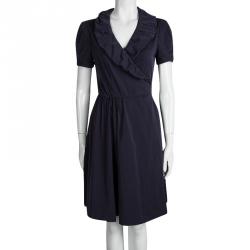 مملوكة مسبقًا Diane Von Furstenberg Navy Blue Knit Bethania Short Sleeve Wrap Dress M