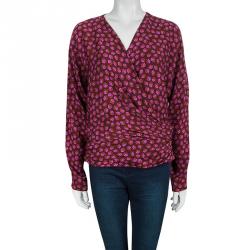 Pre Owned Diane Von Furstenberg Burgundy Printed Silk Dolman Sleeve Faux Wrap Blouse L
