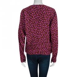 Pre Owned Diane Von Furstenberg Burgundy Printed Silk Dolman Sleeve Faux Wrap Blouse L