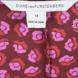 Pre Owned Diane Von Furstenberg Burgundy Printed Silk Dolman Sleeve Faux Wrap Blouse L