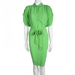 Pre Owned Diane Von Furstenberg Celery Green Crepe Belted Karin Shirt Dress M