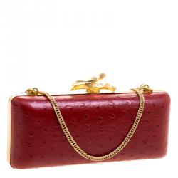 Pre Owned Diane Von Furstenberg Red Ostrich Embossed Leather Long Lytton Clutch