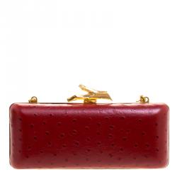 Pre Owned Diane Von Furstenberg Red Ostrich Embossed Leather Long Lytton Clutch