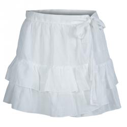Pre Owned Dior White Cotton Voile Tiered Wraparound Mini Skirt M