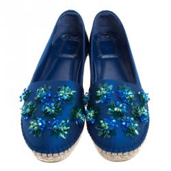 Dior Blue Floral Embellished Canvas Espadrille Loafers Size 37.5