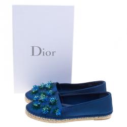 Dior Blue Floral Embellished Canvas Espadrille Loafers Size 37.5