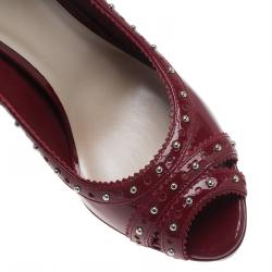 Dior Red Patent Brogue Studded Leather Peep Toe Pumps Size 39