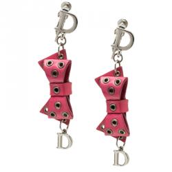 Pre Owned Dior Pink Bow Patent Leather Drop Earrings