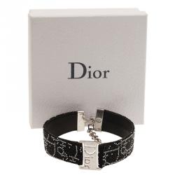 Pre Owned Dior Crystal Black Leather Choker Necklace