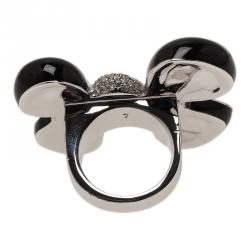 Pre Owned Dior Bow Black Crystal Silver Tone Ring 54.5